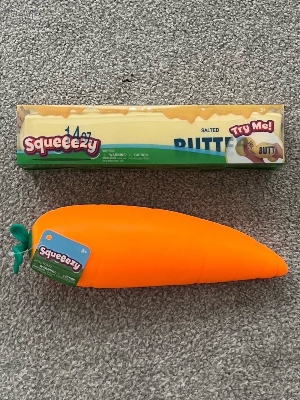 NWT Squeeezy Orange Carrot Kids Plush Squeeze Toy AND Butter Squeeezy Too!